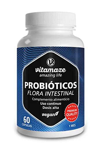 Probióticos y Prebióticos Intestinales + Inulina de Alta Concentración - 12 Cepas Bacterianas de 16 mil millones UFC para la Flora Intestinal -60 Cápsulas Veganas, Calidad Alemana. Vitamaze®