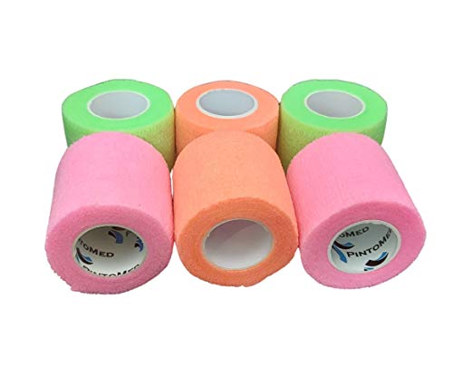 PintoMed Venda Cohesiva - 2 Naranja + 2 Verde Neon + 2 Rosa - 6 Rollos x 5 cm x 4,5 m Autoadhesivo Flexible Vendaje, Calidad Profesional, Primeros Auxilios, Lesiones de los Deportes