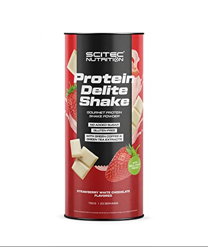 Scitec Nutrition Protein Delite Shake Producto alimenticio en polvo con trozos de fresa liofilizados, proteína, L-carnitina, 700 g, Chocolate blanco con fresa