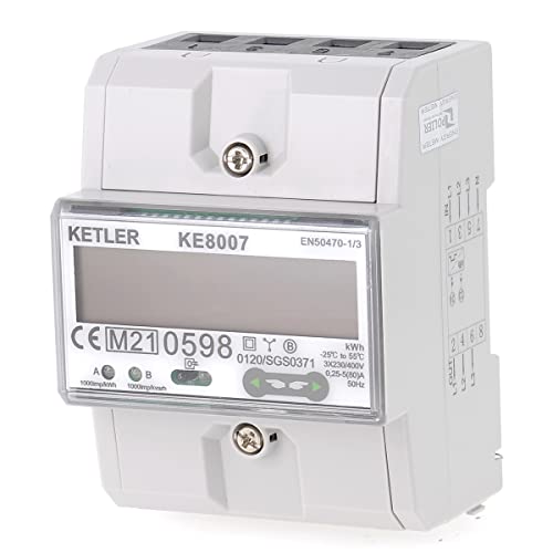 KETLER KE8007 - Bajo contador eléctrico tripahé, 80 A, máx. modular, simple tarifa, pantalla LCD, certificado MID para facturación de electricidad, entrega a cero parcial
