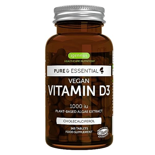 Vitamina Vegana D3, 1000UI, 100% a Base de Plantas, Pequeños Comprimidos para Niños y Adultos, suministro para 1 año, de Igennus
