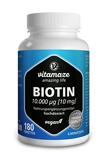 Vitamaze® Biotina 10.000 mcg, 6 Meses de Alta Dosis, con 180 Comprimidos Veganos, Vitaminas para el pelo con 10 mg de Biotina para el cabello, Vitaminas Para el Cabello, Piel y Uñas.