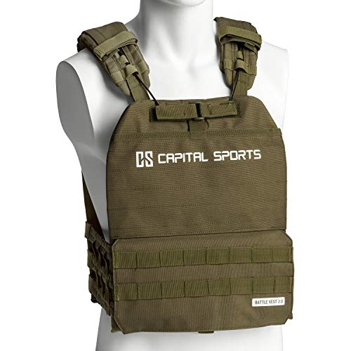 Capital Sports Battlevest 2.0 - Chaleco lastrado, Cintas velcro, Chaleco peso entrenamiento, Chaleco de peso, Cable desenganche rápido, Transpirable, 2 x 2,6 kg & 2 x 4 kg (13,2 kg), Verde