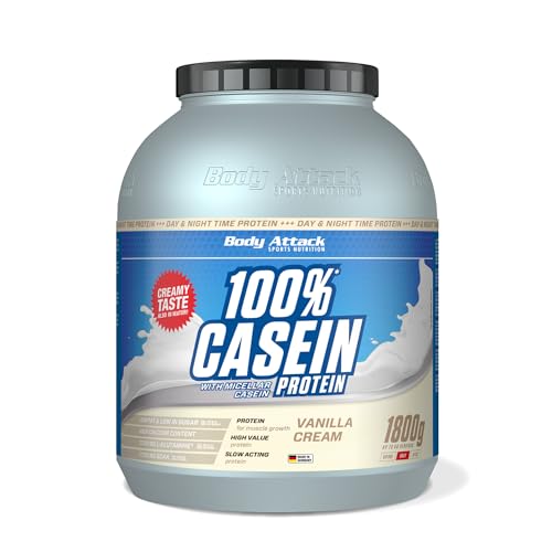 Body Attack 100% proteína de caseína, rico en aminoácidos esenciales, desarrollo de músculos, bajo en carbohidratos para, los atletas y las personas conscientes de su físico, crema de vainilla, 1,8 kg
