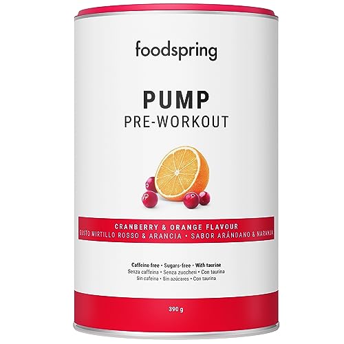 foodspring Pump Pre Entreno de refuerzo - Bebida preentreno gimnasio fuerte sin cafeína ni azúcar - Pre entrenos potentes para el crecimiento y el rendimiento muscular (390g | Arándano y Naranja)