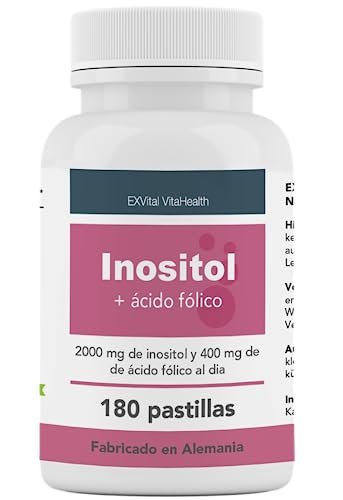 Inositol, combinado con ácido fólico, 180 comprimidos, myo-inositol puro, altamente dosificado: 2000 mg de inositol y 400 μg de ácido fólico al día, ¡vegano y sin aditivos