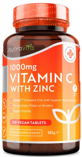 Vitamina C 1000 mg y zinc 15 mg - 210 comprimidos veganos - Albion® Zinc para una mejor absorción - Suplemento de vitamina C y zinc de alta potencia - Mantiene el sistema inmunológico - Nutravita