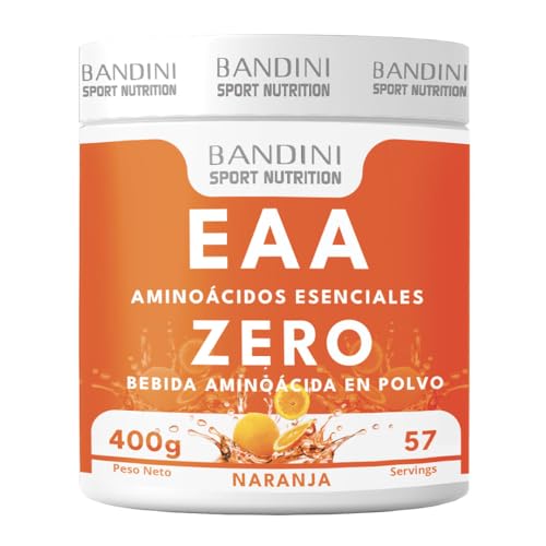 Bandini® EAA Aminoácidos Esenciales en Polvo 400gr | 9 Aminoacidos Esenciales | Intra Pre Post Workout | Recuperación Muscular Rápida | Reduce estrés y fatiga | Vegano y sin azúcar (Naranja)
