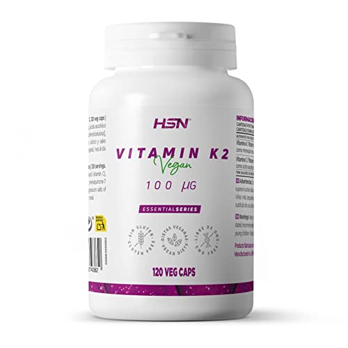 HSN Vitamina K2 MK7 100 MCG | 120 Cápsulas Vegetales de Menaquinona 100% Natural de Natto | Alto Contenido en Vitamina K | con Vitamina C | No-GMO, Vegano, Sin Gluten