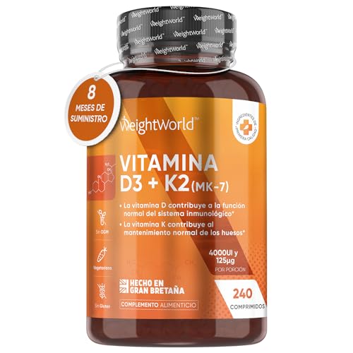 Vitamina D3 y K2 4000 UI - 240 Comprimidos - 8 Meses de Suministro | Contribuye a la Función Normal del Sistema Inmune, Huesos y Músculos - Alta Biodisponibilidad de MK7 - Apto para Vegetarianos