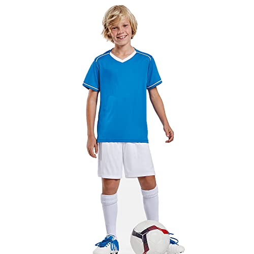 KINKIES Equipación Deportiva para niños - Camiseta y pantalón Cortos Unisex para Deportes de Equipo en Colores Vivos y alegres (4 Años, Azul-Blanco)