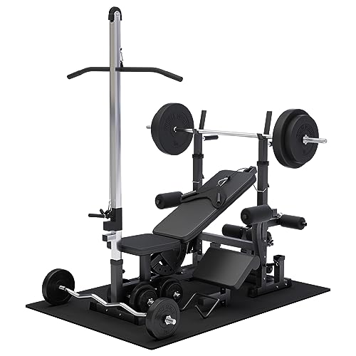 GORILLA SPORTS® Banco de pesas con soporte de pesas ajustable, torre de poleas, mariposa, banco de curl, curl de piernas y juego de pesas de 100 kg, banco de entrenamiento, estación de fitness