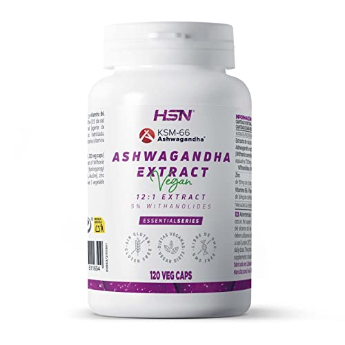 Ashwagandha KSM-66 de HSN | 120 Cápsulas | 600 mg Extracto 12:1 Raíz de Withania somnifera 30 mg Withanólidos por Dosis Diaria | No-GMO, Vegano, Sin Gluten