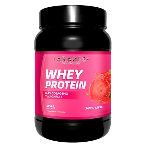 Aranes Whey Protein | Proteína pura con Colágeno y Magnesio | Recuperación muscular | Proteína concentrada | Acelera el metabolismo | Formato en polvo | 1000 gramos (Fresa)