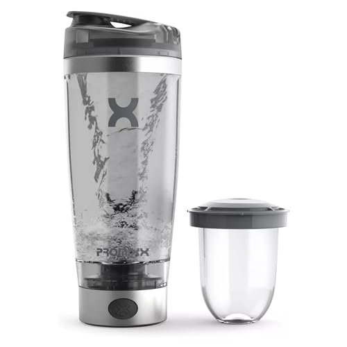 Promixx Pro Shaker Bottle - Recargable, potente para batidos de proteínas suaves, incluye almacenamiento de suplementos, sin BPA, vaso de 600 ml (Plateado Blanca/Gris)