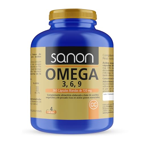 SANON Omega 3 6 9 - Complemento Alimenticio - 360 Cápsulas Blandas de 720mg elaboradas con Aceites Vegetales y Pescado - Rico en Ácidos Grasos Esenciales - Suministro para 3 meses