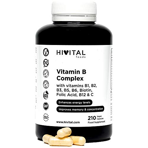 Complejo Vitaminas B con B1, B2, B3, B5, B6, B12 | 210 cápsulas veganas para 7 meses | Biotina y Ácido Fólico | Aumenta el nivel de energía y mejora la concentración y la memoria