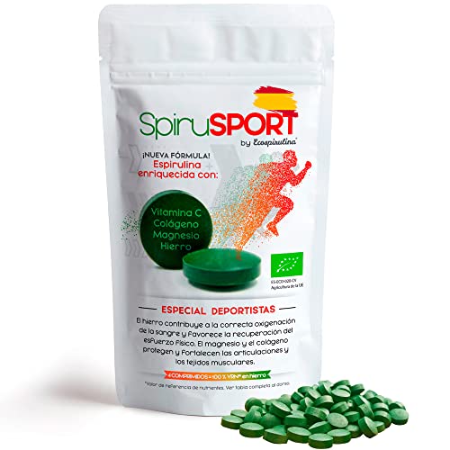 SpiruSPORT - Espirulina Ecológica 200 comprimidos - suplemento Proteína vegana, Vitamina B12, Colágeno Marino Hidrolizado y Magnesio - Suplementos deportivos