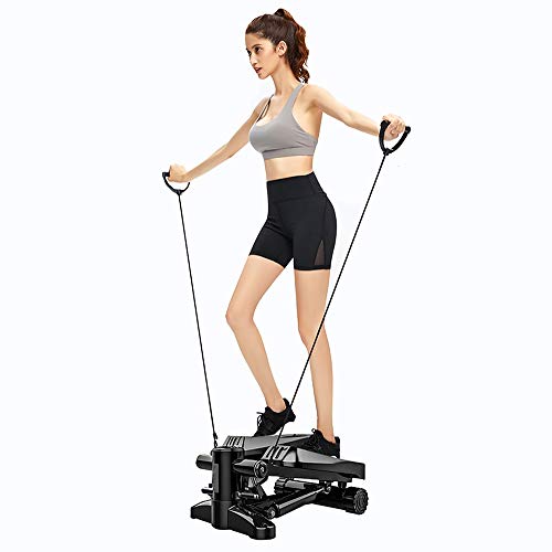 Mini Stepper 2 en 1 con Cintas + 2 Cuerdas + Pantalla, Máquina de Step para Fitness, Máquina de Step para Hacer Ejercicio en Casa, Stepper para Usuarios Principiantes y Avanzados