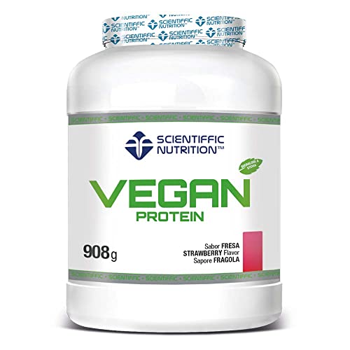 Scientiffic Nutrition - Vegan Protein, Proteína Vegana 100% Vegetal, Con Greens & Fruits, Sin Azúcares, Aumentar Masa Muscular, Apto para veganos y Vegetarianos - 908g, Sabor Fresa - Nata.