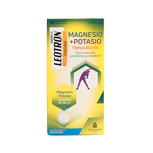 LEOTRON Magnesio + Potasio - 30 comprimidos efervescentes - Triple acción: Tono muscular, calambres y colágeno - Agradable sabor a naranja - Envase para 30 días. A partir de 12 años.