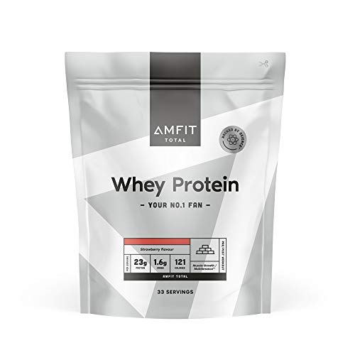 Marca Amazon - Amfit Nutrition Proteína de Suero de Leche en Polvo, Fresa, 33 porciones, 1 kg (Paquete de 1)