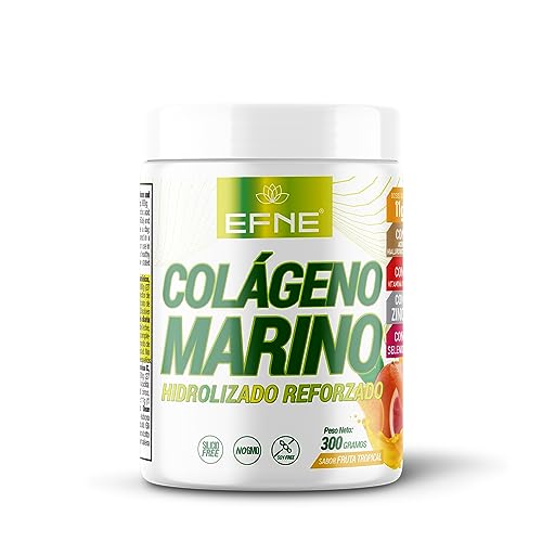 EFNE | Colágeno Marino Hidrolizado Reforzado en polvo + Acido hialurónico + Vitamina C + Zinc + Selenio | 300G | Sabor Frutas Tropicales | Piel, cabello, tendones, ligamentos | 100% natural