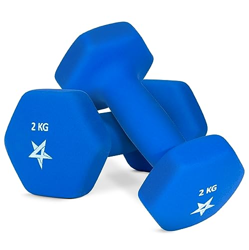 Yes4All RZYR Hexagonales Par de mancuernas de neopreno (1 kg to 7 kg) - Pesos Fitness, 2 KG x 2, Blue