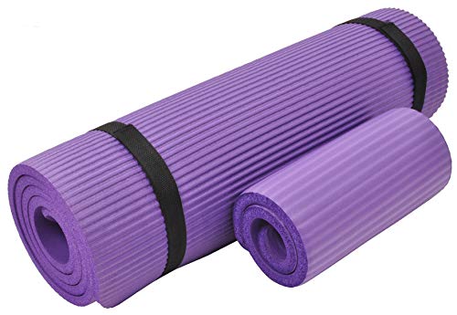 Everyday Essentials - Esterilla de yoga extra gruesa de alta densidad de 1/2 pulgada con rodillera y correa de transporte, color morado