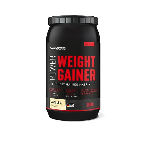 Body Attack Power Weight Gainer (aumento de peso), vainilla, 1,5 kg, 100% desarollo masa, carbohidrato- proteína en polvo para el aumento muscular con proteína de suero, ideal para Hardgainer