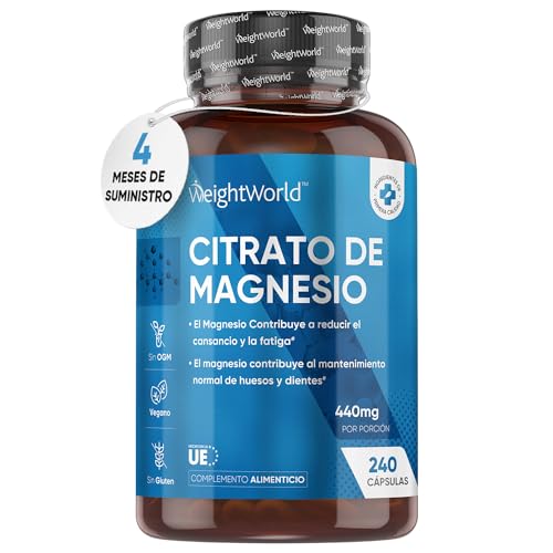 Citrato de Magnesio 1480mg, 240 Cápsulas Veganas - 440mg de Magnesio Puro de Alta Biodisponibilidad, Reduce Cansancio y Fatiga, Equilibra los Electrolitos, Suplemento Deportivo