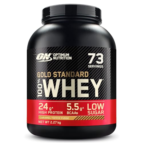 Optimum Nutrition Gold Standard 100% Whey, Proteína en Polvo para Recuperacíon y Desarrollo Muscular con Glutamina Natural y Aminoácidos BCAA, Sabor Caramelo Toffee Fudge, 73 Dosis, 2.27 kg