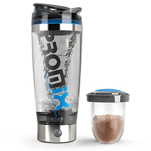 Promixx Pro Shaker Bottle (iX-R edición) - Recargable, potente para batidos de proteínas suaves, incluye almacenamiento de suplementos, sin BPA, vaso de 600 ml (Plateado Azul/Gris)