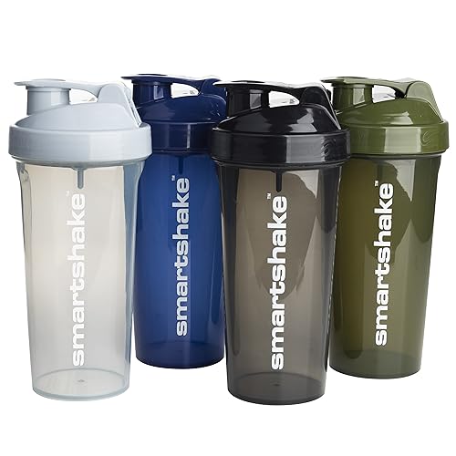 Smartshake Lite 4-Pack Protein Shaker Bottle 600 ml | 20 oz - Leakproof Screw-on Lid - BPA Free – Unisex - Mist Gray, Army Green, Black, Navy Blue