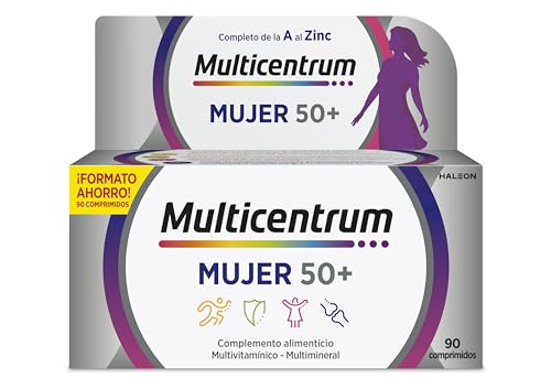 Multicentrum Mujer 50+ Complemento Alimenticio Multivitamínico y Multimineral para Mujeres 50+, Con Vitamina C y Zinc; Postmenopausia, Sin Gluten, 90 Comprimidos