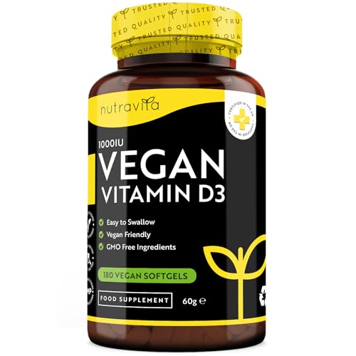 Vitamina D3 Vegana 1000 UI (25ug) - 180 Cápsulas Veganas de Vitamina D3 Derivadas del Liquen - para el Mantenimiento de un Sistema Inmunitario, Músculos, Huesos y Dientes Sanos - Hecho por Nutravita