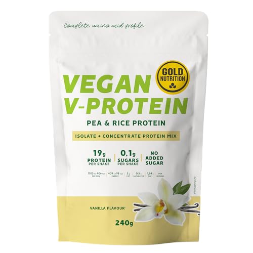 GOLDNUTRITION | VEGAN V-PROTEIN | MEZCLA DE PROTEÍNA VEGETAL DE GUISANTE Y ARROZ (VAINILLA, 240g)