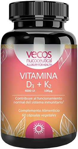 Vitaminas para Reforzar el Sistema Inmunológico | Vitamina D3 + K2 | Contribuye al Funcionamiento Normal de los Músculos | Propiedades Antioxidantes | 60 Cápsulas Vegetales