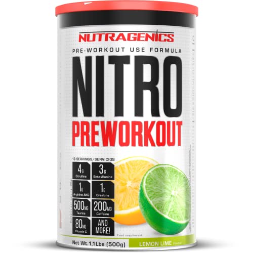 Nutragenics Nitro Preworkout - 500 g - pre entrenos potentes - Pre workout gym con Arginina, Beta Alanina, Citrulina, Creatina, Taurina, Cafeina - Preentreno gimnasio Prework Gym (Lima limón)