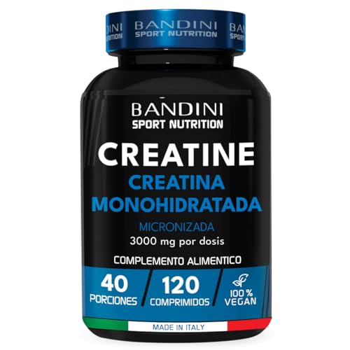 Bandini® Creatina Monohidratada MERCURIO FREE Comprimidos - Para mejorar el Rendimiento y la Potencia Muscular - Suplemento a base de Monohidrato de Creatine - 120 Tabletas sin aditivos y 100% Vegano