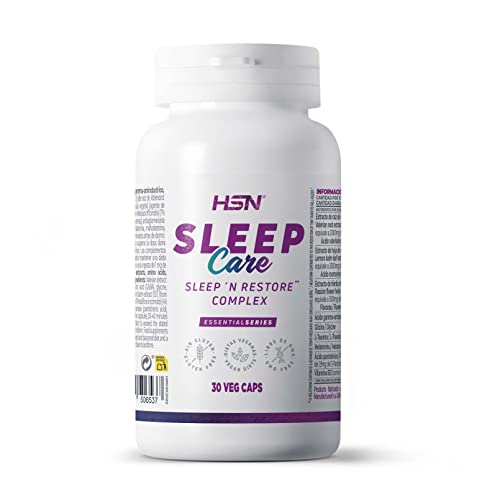 Sleep Care de HSN | 30 Cápsulas Vegetales con Melatonina + Valeriana + Melisa + Pasiflora + GABA + Glicina + Teanina | Reducir el Tiempo para quedarse Dormido | No-GMO, Vegano, Sin Gluten