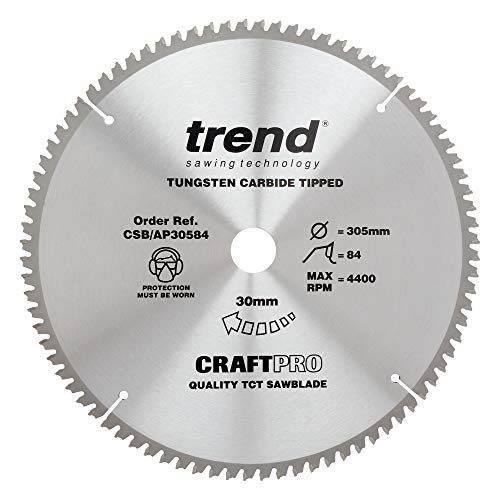 Trend CraftPro Hoja de sierra circular TCT para encimera de aluminio y plástico, 305 mm de diámetro x 84 dientes x 30 mm de diámetro interior, punta de carburo de tungsteno, CSB/AP30584
