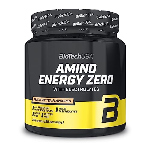 BioTechUSA Amino Energy Zero with Electrolytes | Pre-Entrenamiento | 9 Aminoácidos Esenciales | Cafeína | Sin Azúcar, Sin Gluten, 360g, Té helado de melocotón