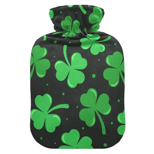 Bolsa de agua caliente con diseño de trébol verde con lunares sobre fondo negro, funda suave y cálida para cama de invierno, cuello y hombros, 1 L