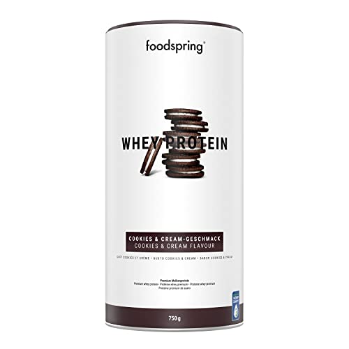 foodspring Whey Proteína Polvo Cookies & Cream - 24g de proteína para construcción muscular, perfectamente soluble, leche de libre pastoreo, rica en BCAAs y EAAs - 750g