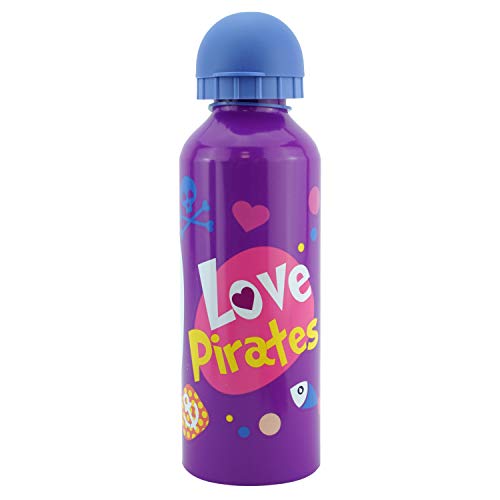 Botella de agua deportiva para niños, 500 ml o 17 onzas, hecha de aluminio con estampado de personajes de los niños, piratas, color morado utilizable para niños unisex de 3 años