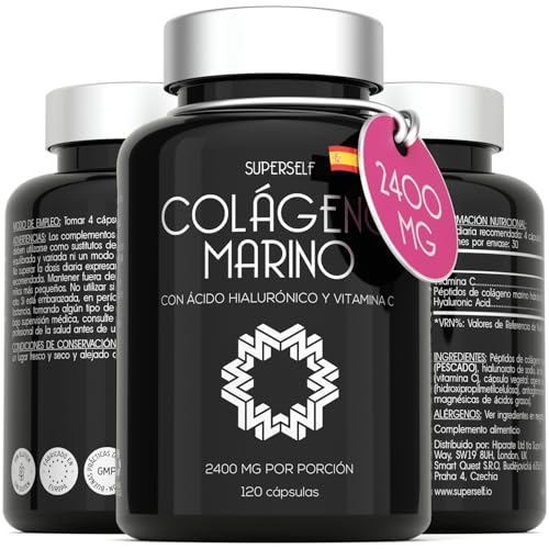 Colágeno Marino Hidrolizado - 2400 mg Colageno Puro con Ácido Hialurónico y Vitamina C - 120 Cápsulas - Tabletas de Péptidos de Colágeno Tipo 1