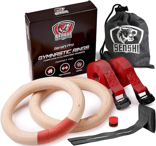 Senshi Japan Wooden Olympic Gymnastic Rings - Double Strength Wood With Adjustable Neoprene Straps- Each Ring Can Hold Upto 150 kgs Weight - Perfect For Bodyweight Gymnastic, Strength Training, Body Building, Pull Ups, Suspension Training, Exercise & Fitness - Recommended To Increase Upper Body Strength - 100% Money Back Guarantee by Senshi Japan