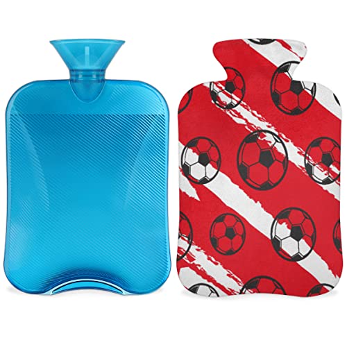 Botella de agua caliente con cubierta, patrón de fútbol de impresión temática de 2 l capacidad bolsa de agua caliente para aliviar el dolor, pies y calambres menstruales