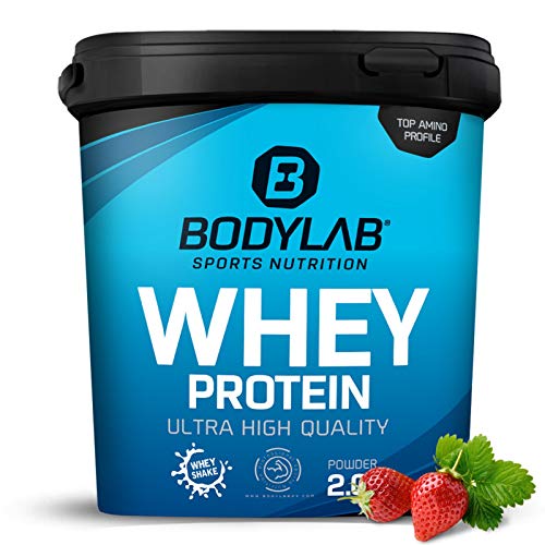 Bodylab24 Whey Protein Powder Fresa 2kg, polvo rico en proteína para músculos más fuertes, la proteína de suero puede promover la construcción de músculo, con 80% de proteína, sin aspartamo